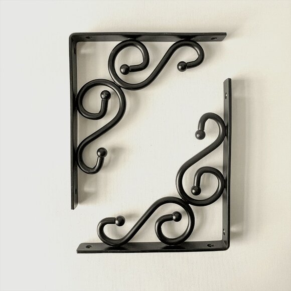 Stanley Set of 2 Decorative Scroll Shelf Brackets 7" x 8" Black - Picture 1 of 9